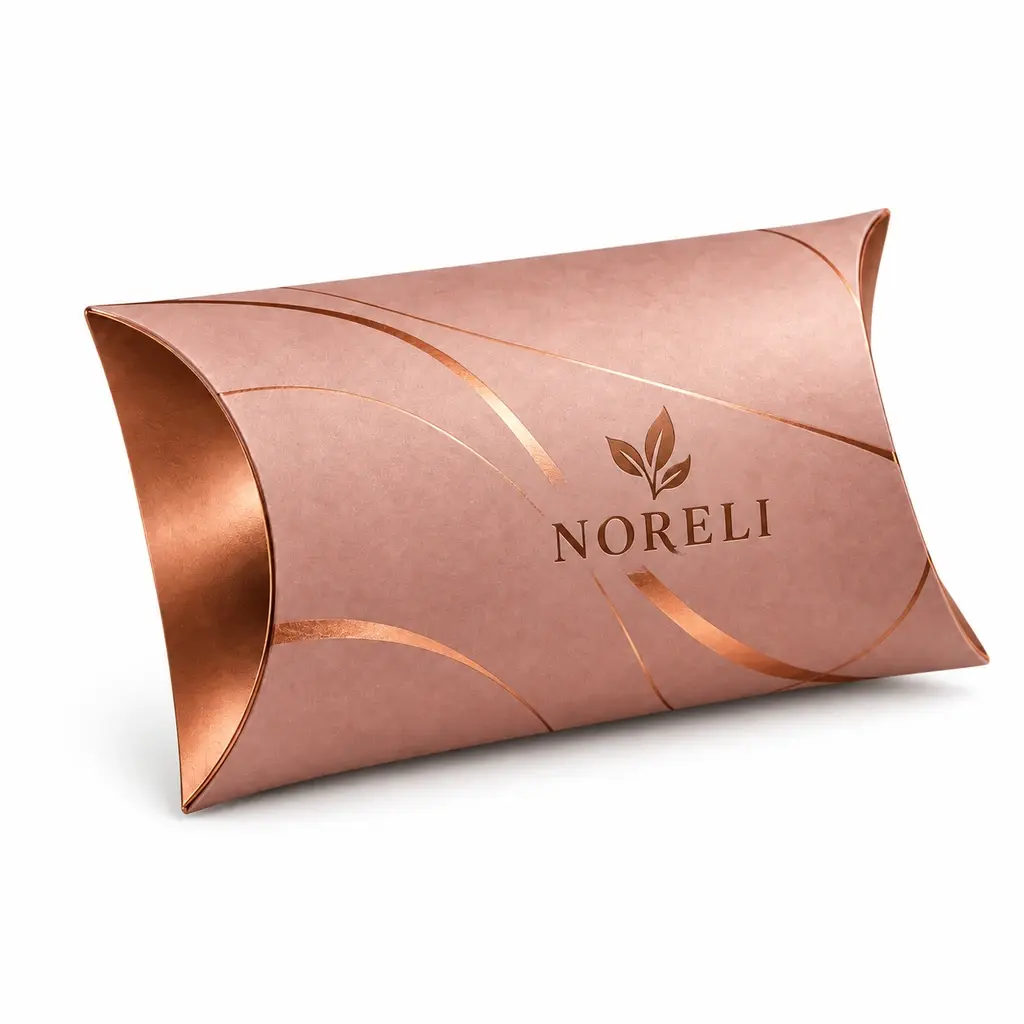 rose and copper curved pillow-shaped carton with NORELI logo printing on a white background