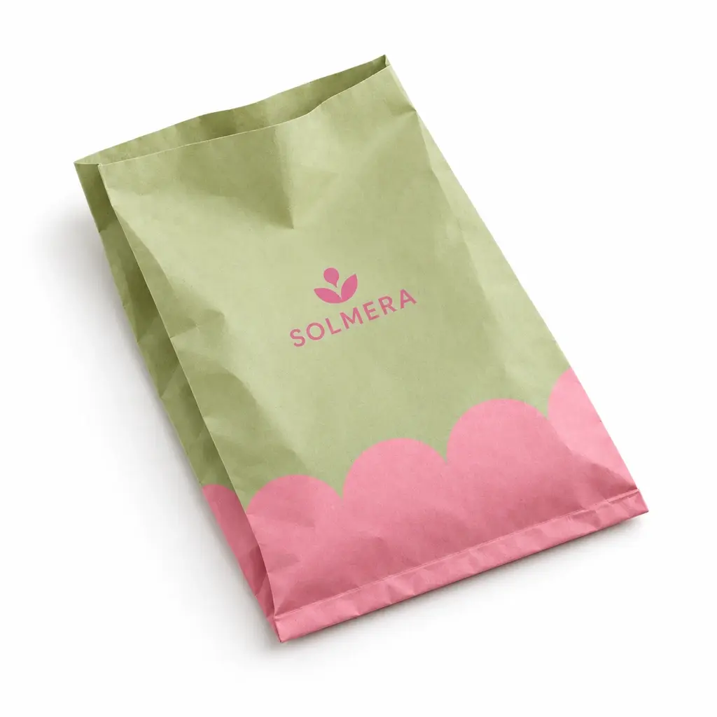 pistachio and pink small pinch-bottom paper bag with SOLMERA logo printing on a white background