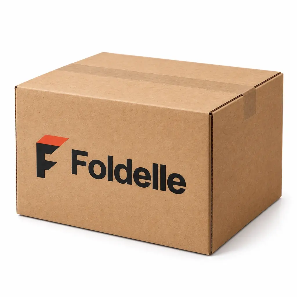 kraft brown and scarlet regular slotted corrugated shipping carton with Foldelle logo printing on a white background