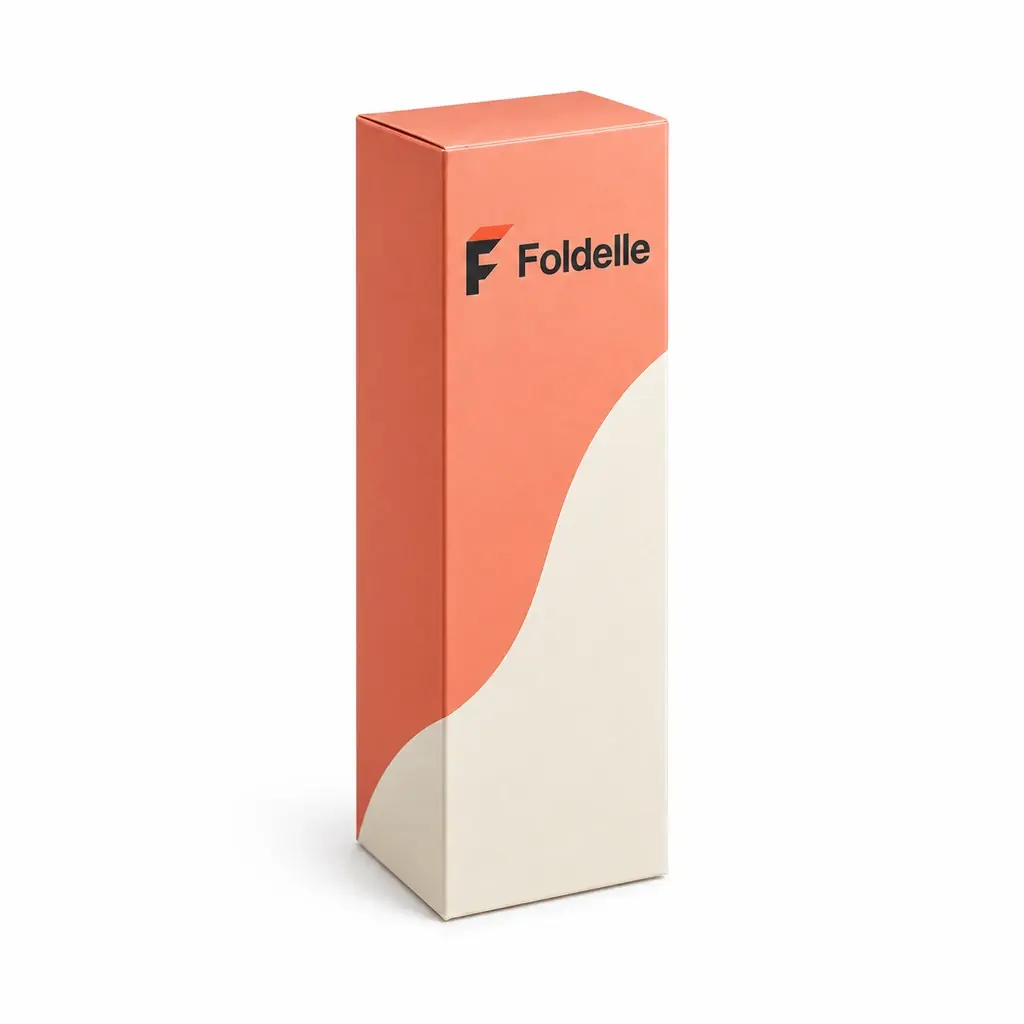 coral and cream tall reverse tuck end carton with Foldelle logo printing on a white background