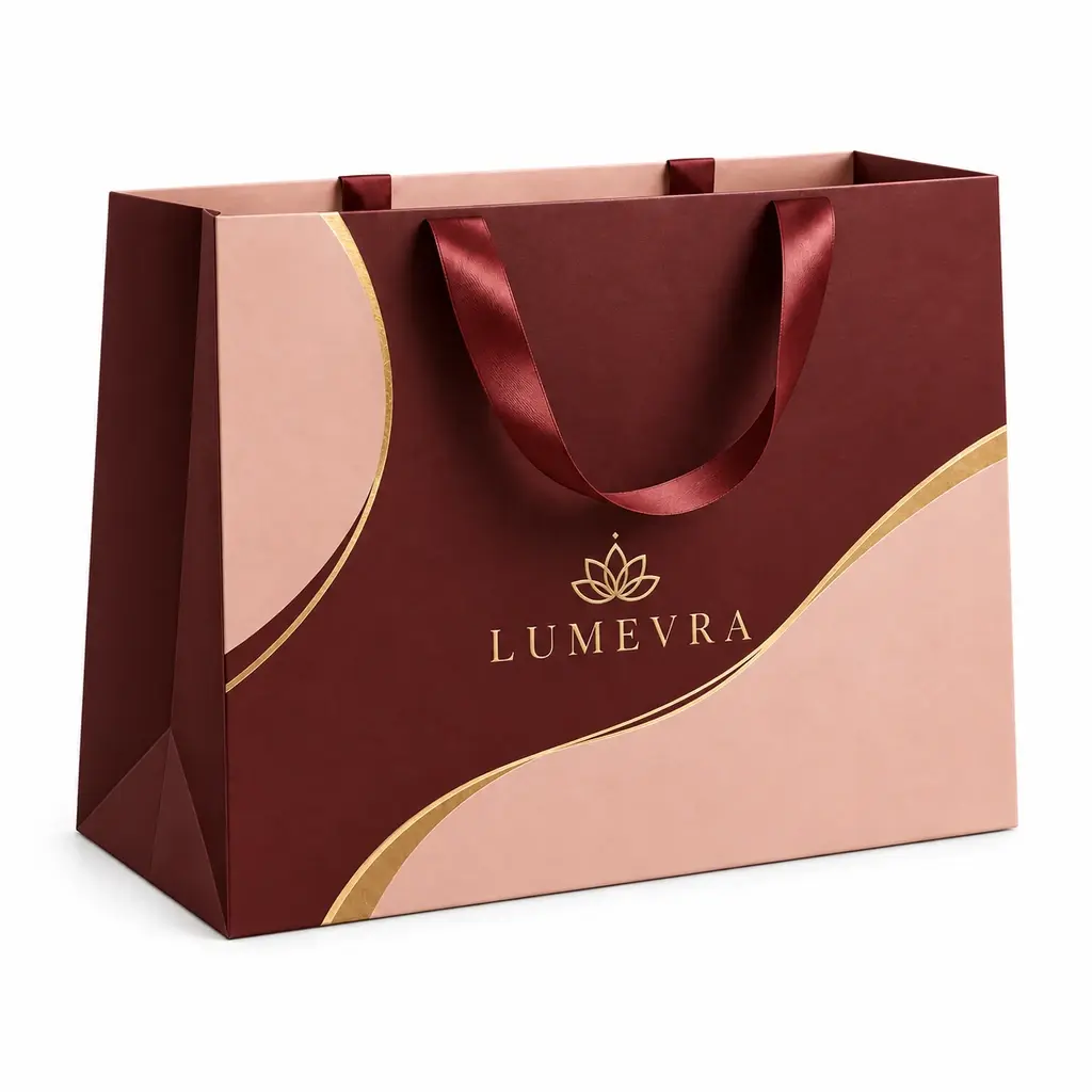 burgundy and blush wide premium gift bag with LUMEVRA logo printing on a white background