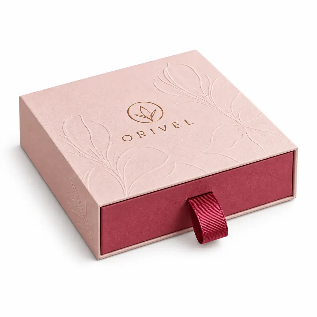 pale pink and raspberry shallow magnetic flap box with ribbon pull with ORIVEL logo printing on a white background