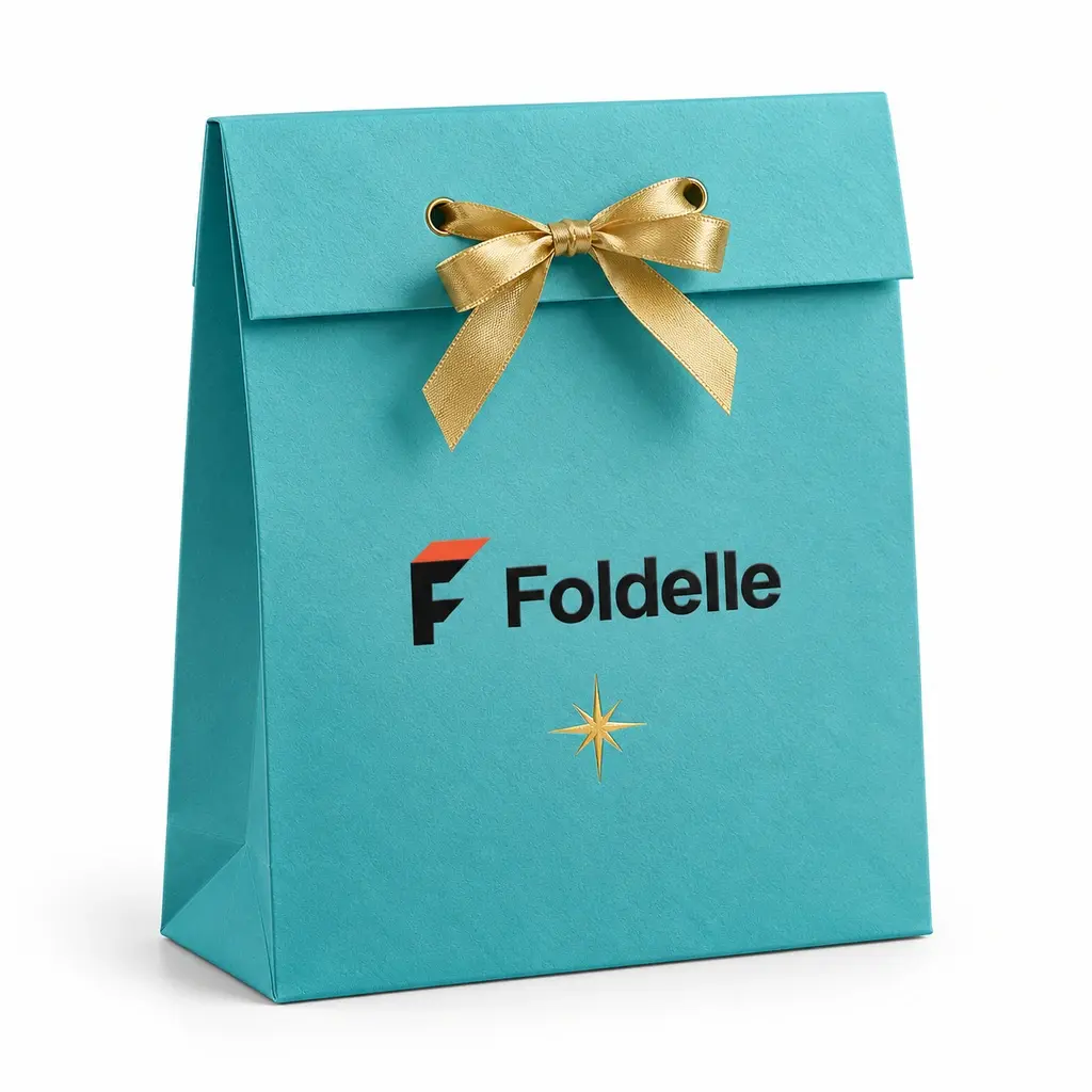 turquoise and gold handle-free fold-top gift bag with ribbon closure with Foldelle logo printing on a white background
