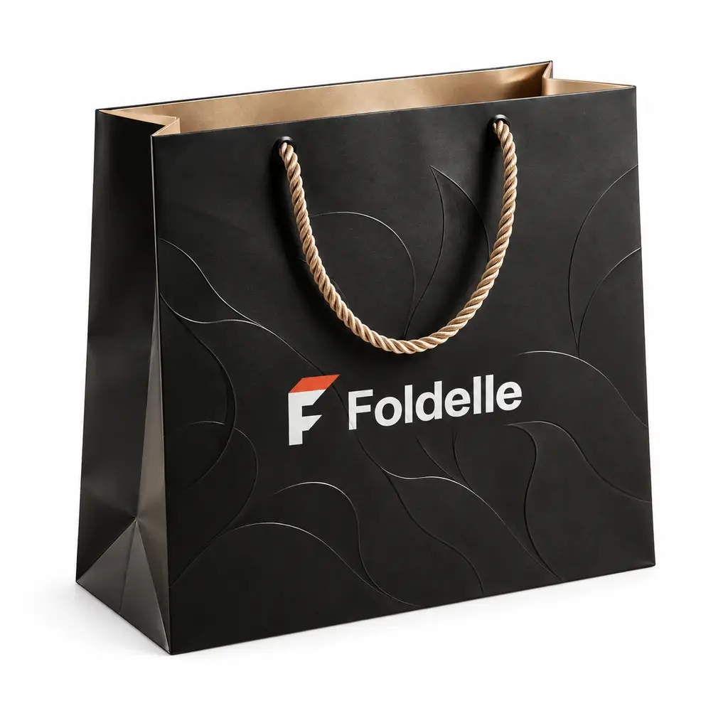 black and champagne large portrait boutique bag with Foldelle logo printing on a white background