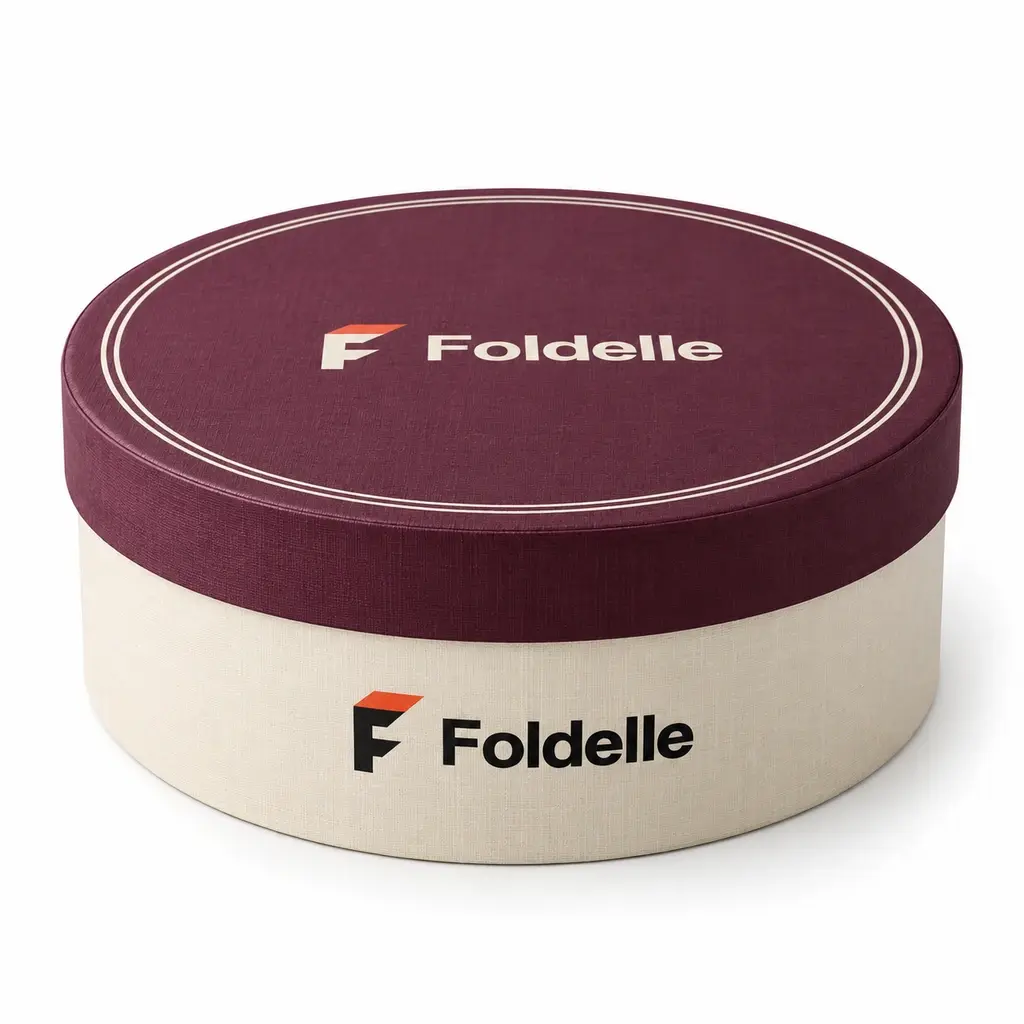 plum and warm ivory wide circular rigid hat box with Foldelle logo printing on a white background