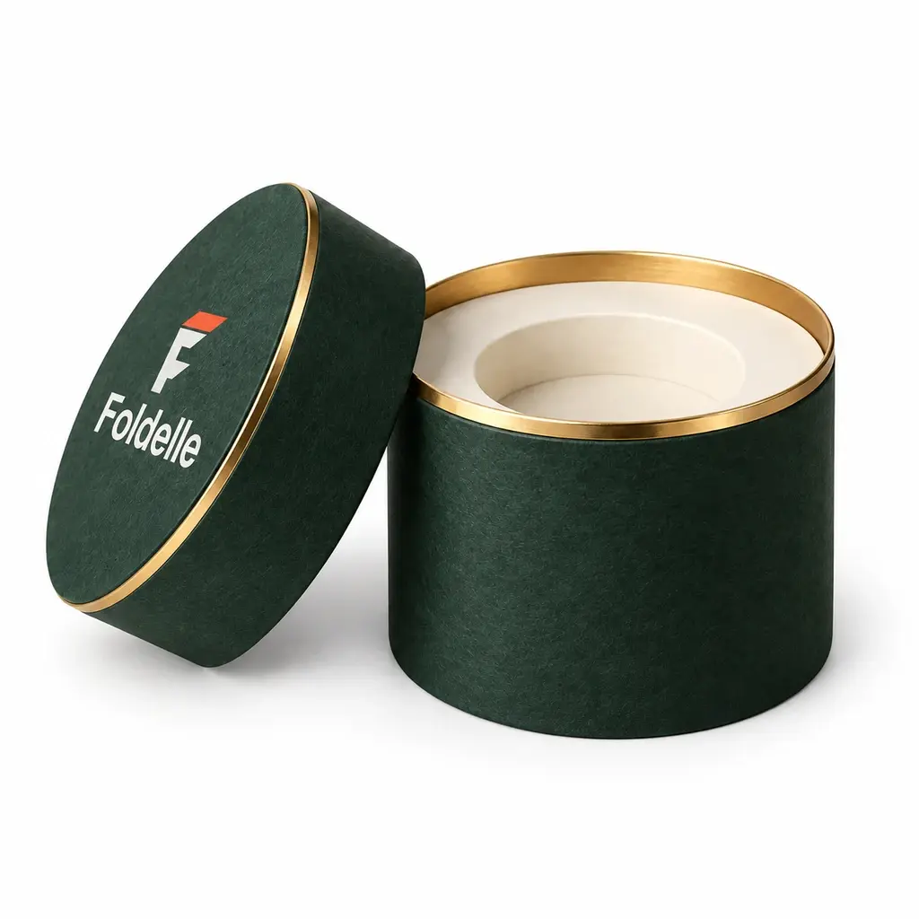 forest green and warm ivory cylindrical two-piece box with Foldelle logo printing on a white background
