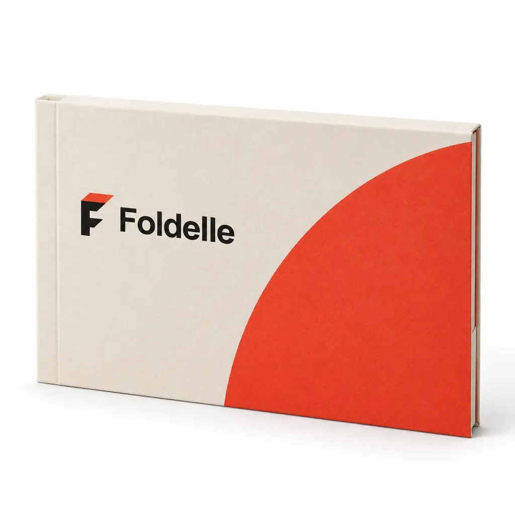 cream and vermilion flat folding sample wallet with Foldelle logo printing on a white background