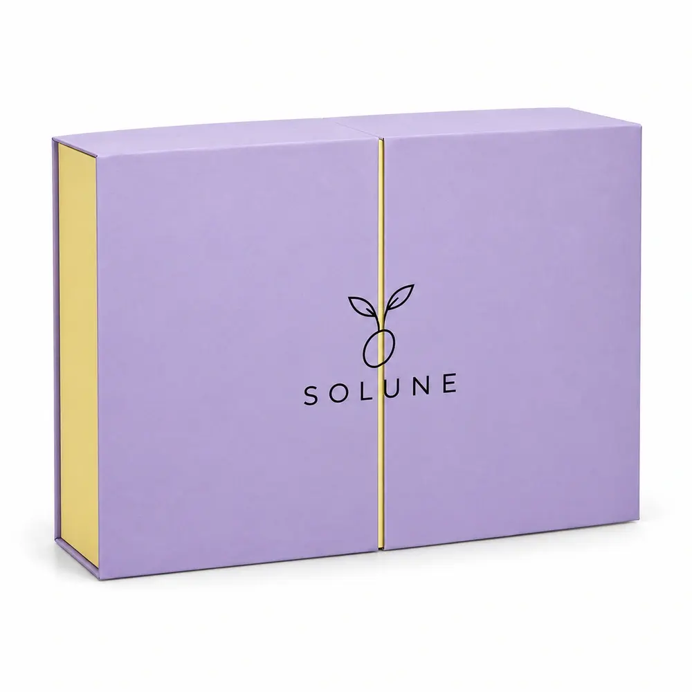 lavender with lemon yellow accents double-door gift boxes with SOLUNE logo printing on a white background