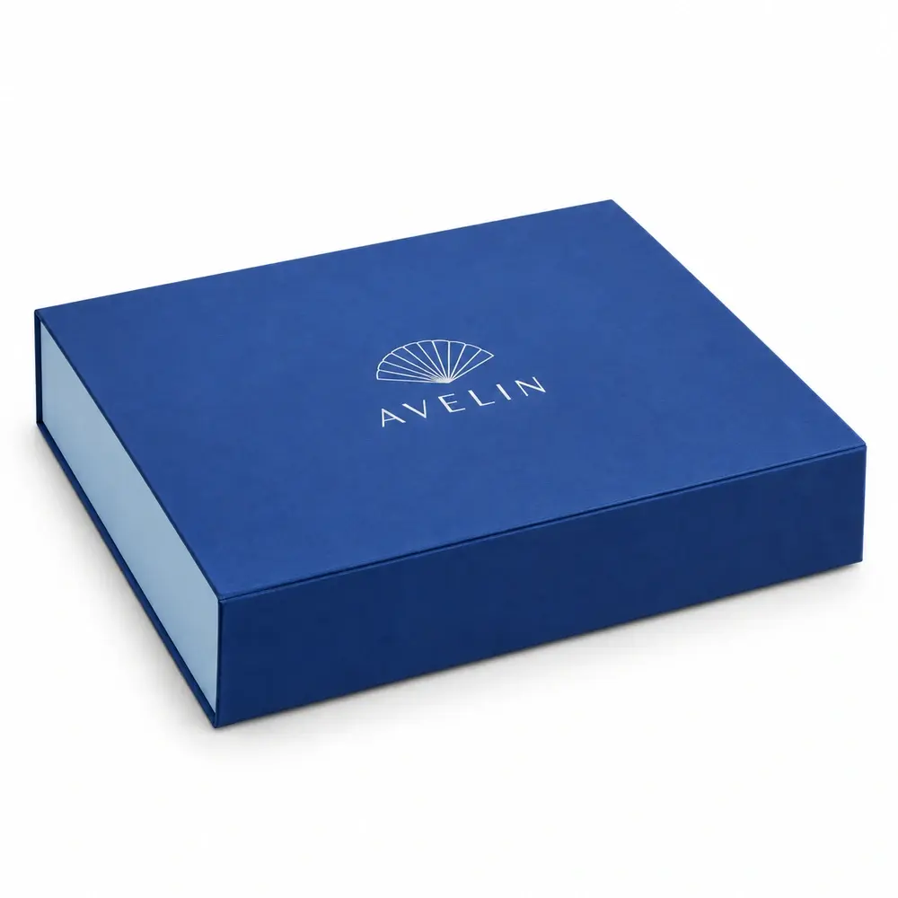 cobalt blue with ice blue accents magnetic book boxes with AVELIN logo printing on a white background