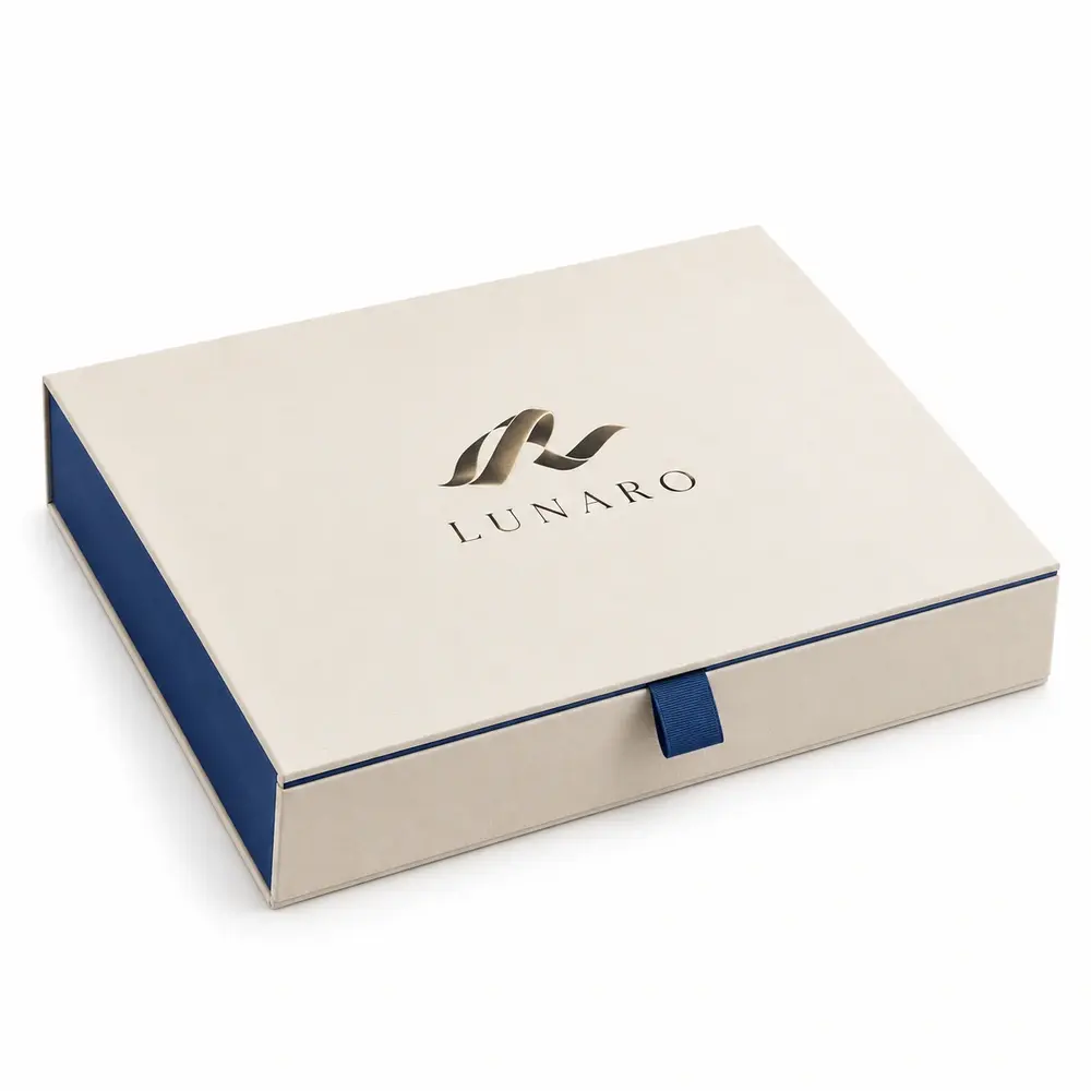 cream with royal blue accents ribbon magnetic presentation boxes with LUNARO logo printing on a white background