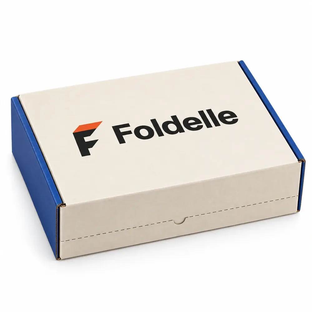 cream with royal blue accents resealable mailer boxes with Foldelle logo printing on a white background