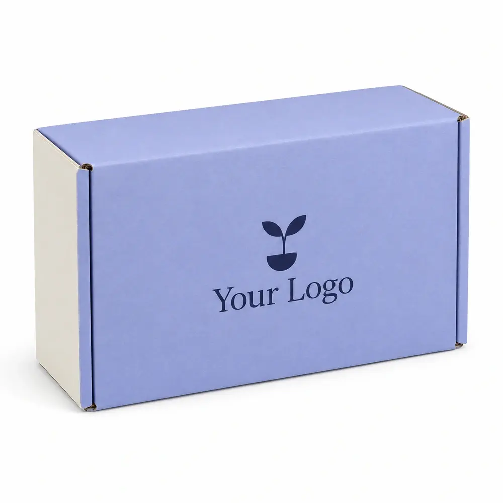 periwinkle with ivory accents side-loading mailers with Your Logo logo printing on a white background