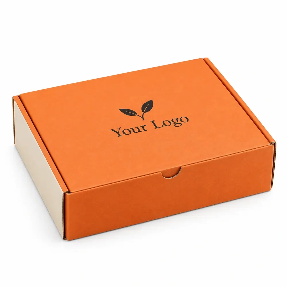 tangerine with cream accents tabbed subscription mailers with Your Logo logo printing on a white background