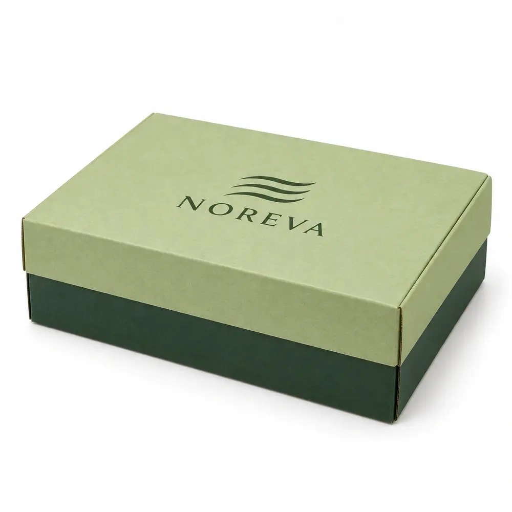 pistachio with forest green accents two-piece postal boxes with NOREVA logo printing on a white background
