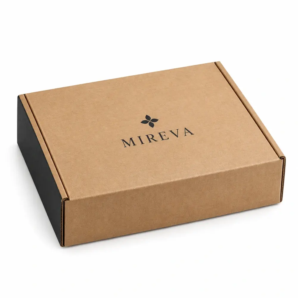warm kraft brown with black accents wraparound mailers with MIREVA logo printing on a white background