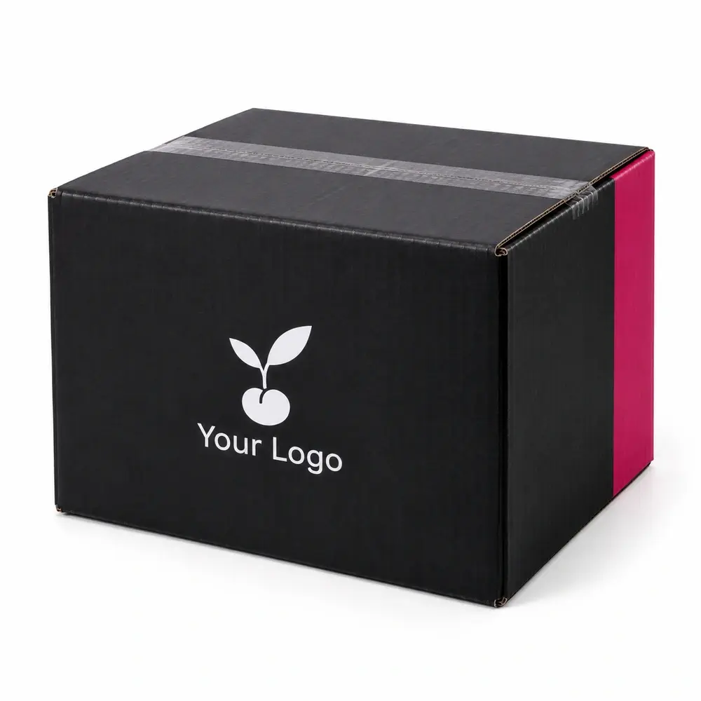 black with fuchsia accents divided transit cartons with Your Logo logo printing on a white background