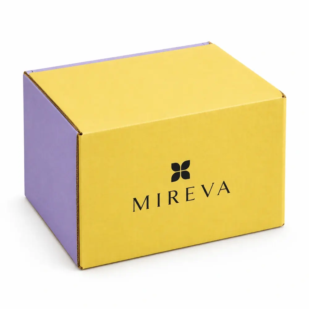 lemon yellow with lilac accents full-overlap shippers with MIREVA logo printing on a white background
