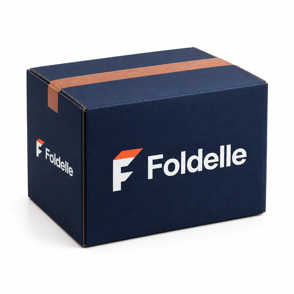 navy with copper accents regular slotted shippers with Foldelle logo printing on a white background