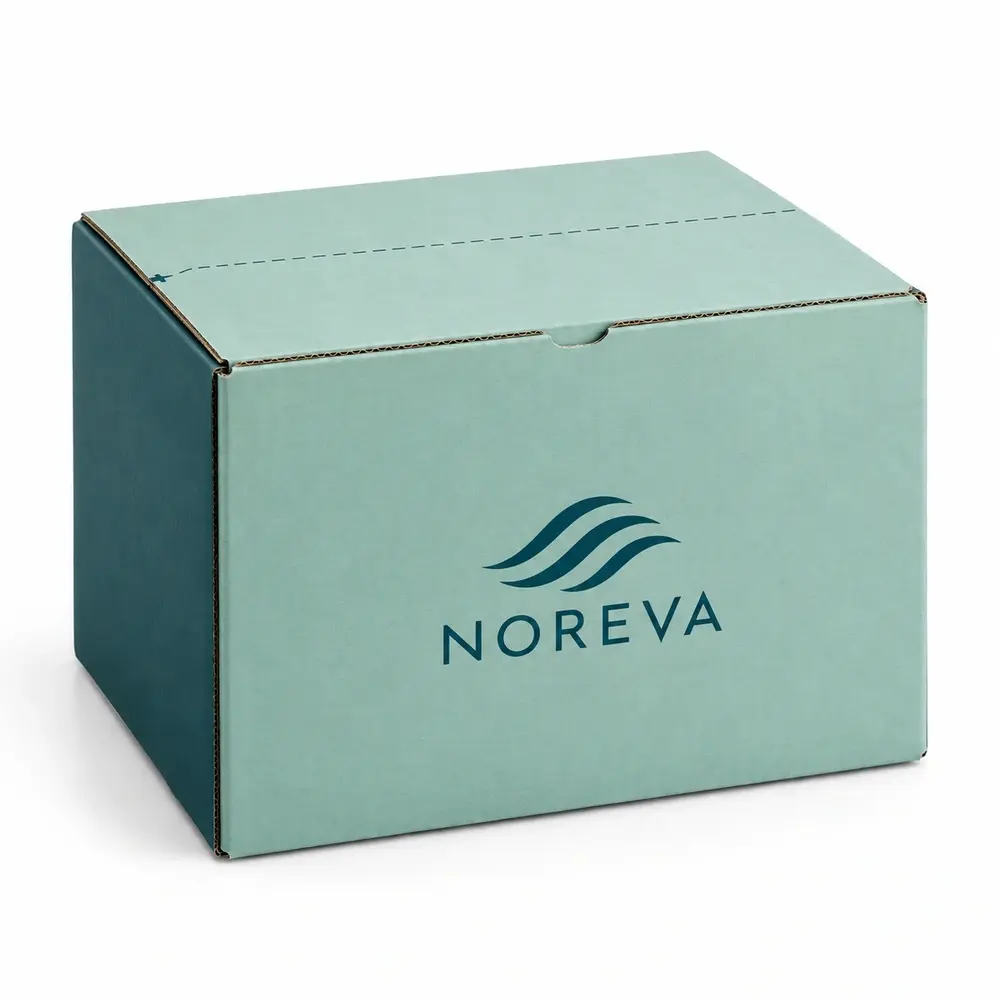 seafoam with deep teal accents return shipping cartons with NOREVA logo printing on a white background