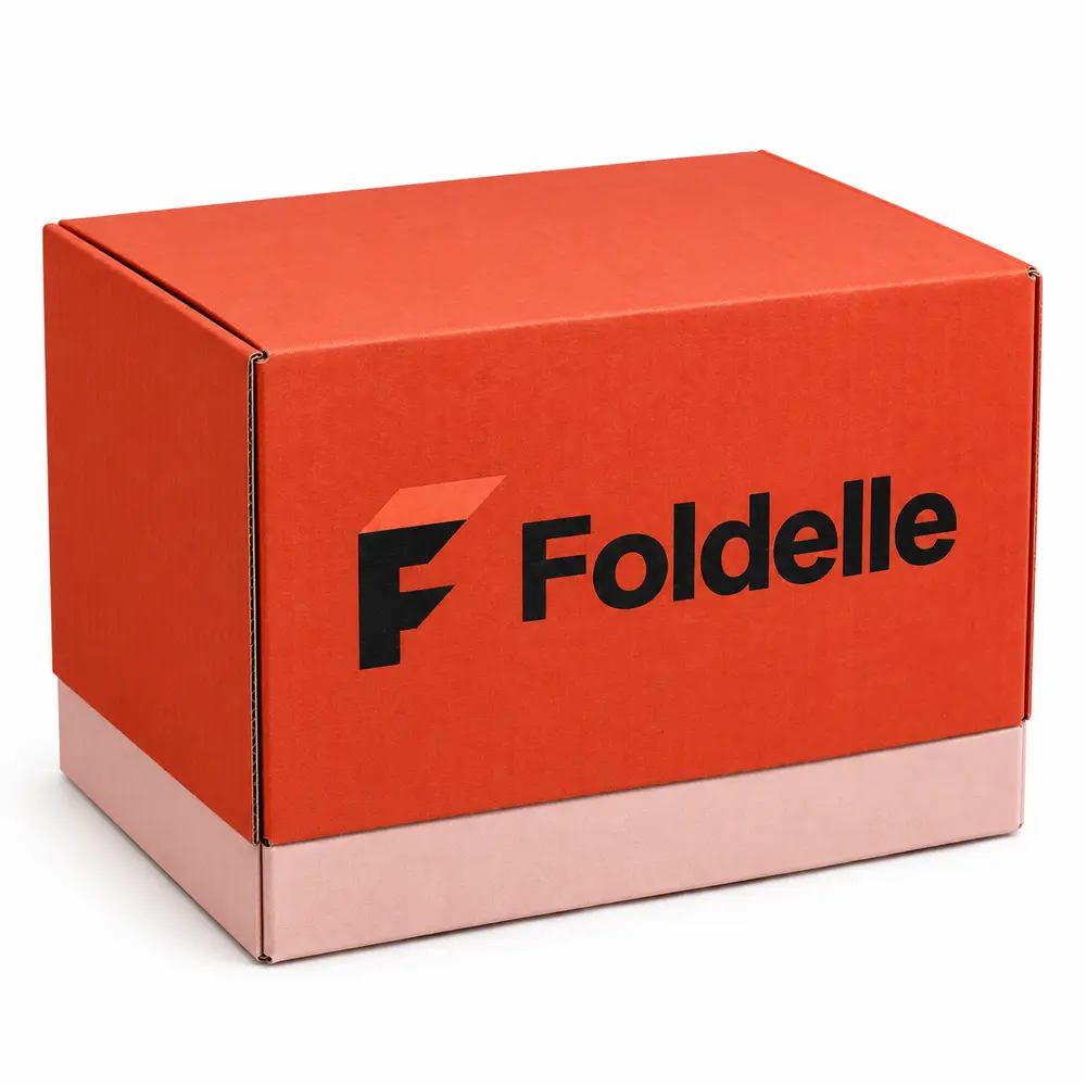vermillion with pale pink accents telescoping shipping boxes with Foldelle logo printing on a white background