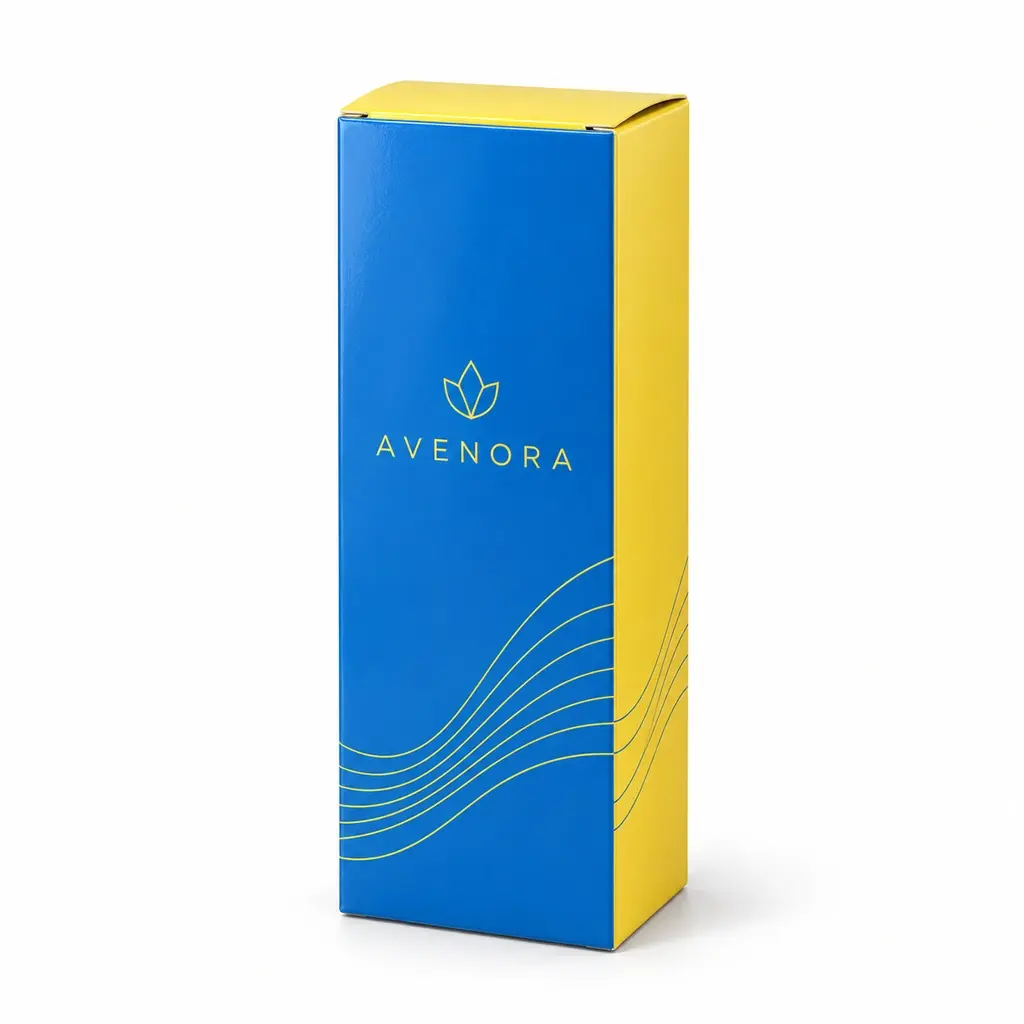 azure and lemon yellow slim straight tuck end serum carton with AVENORA logo printing on a white background