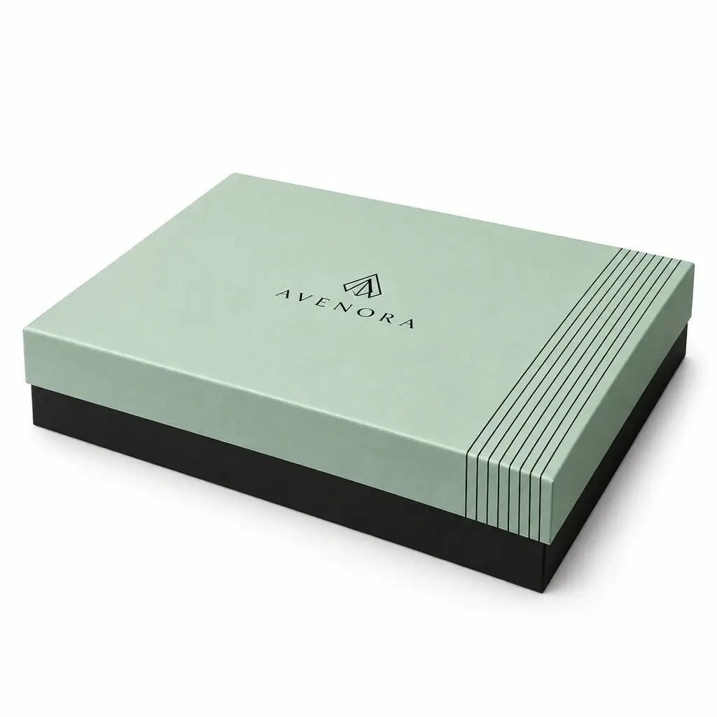 mint green and black wide shallow two-piece apparel box with AVENORA logo printing on a white background