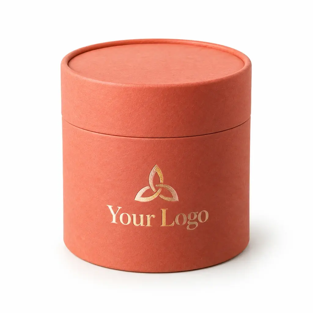 Coral paper tube box with a fitted paper lid and custom printed artwork