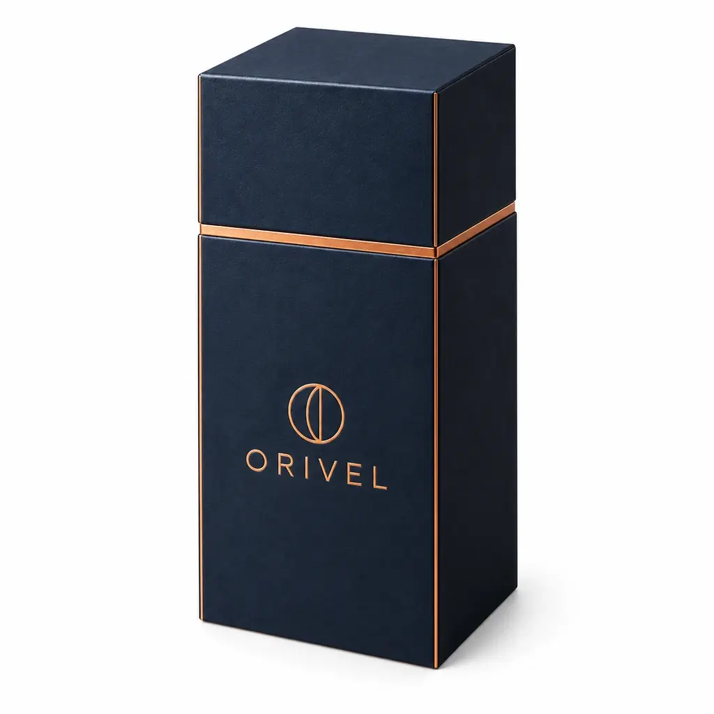 navy and copper tall shoulder-neck box with ORIVEL logo printing on a white background