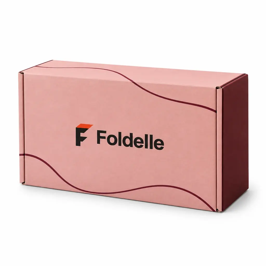 rose pink and burgundy flat side-loading corrugated apparel mailer with Foldelle logo printing on a white background