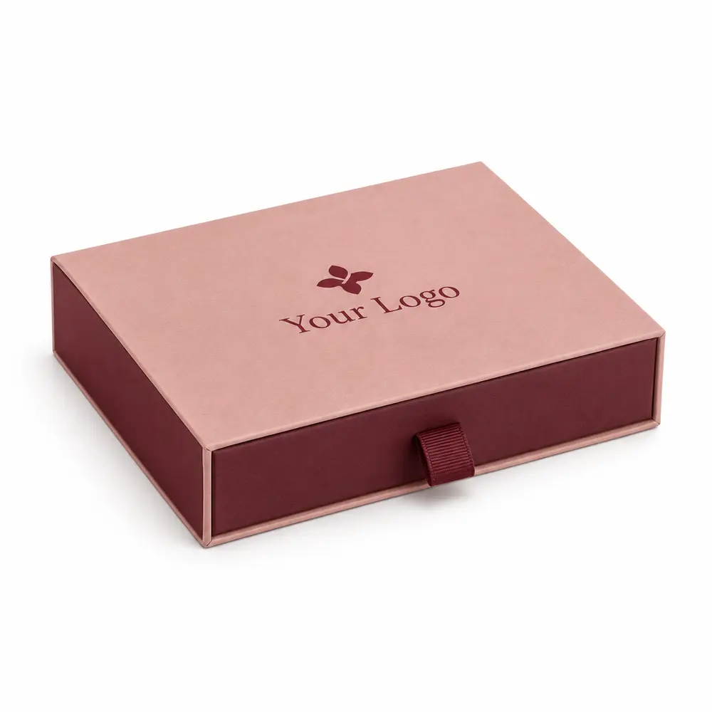 dusty rose with burgundy accents drawer presentation boxes with Your Logo logo printing on a white background