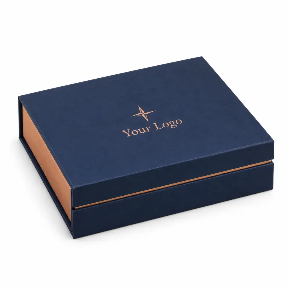 navy with copper accents hinged keepsake boxes with Your Logo logo printing on a white background