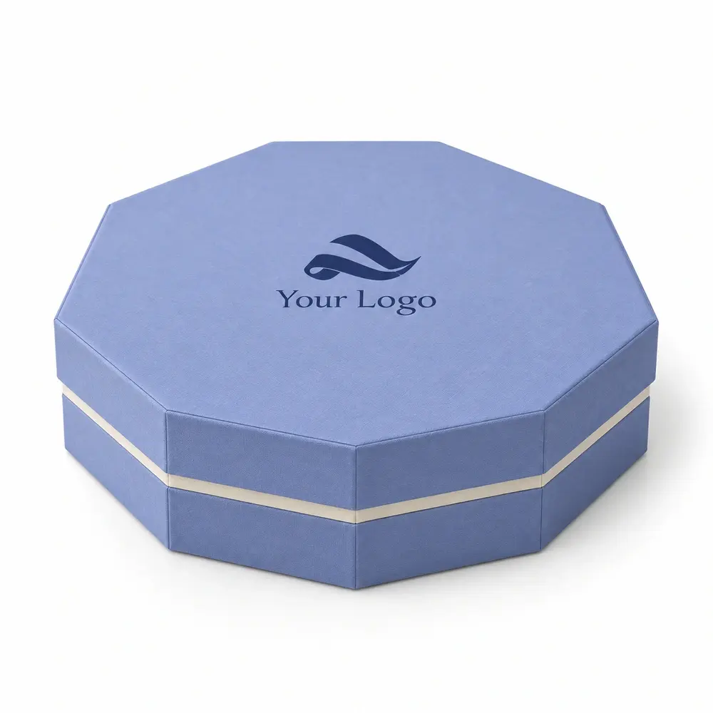 periwinkle with ivory accents octagonal gift boxes with Your Logo logo printing on a white background