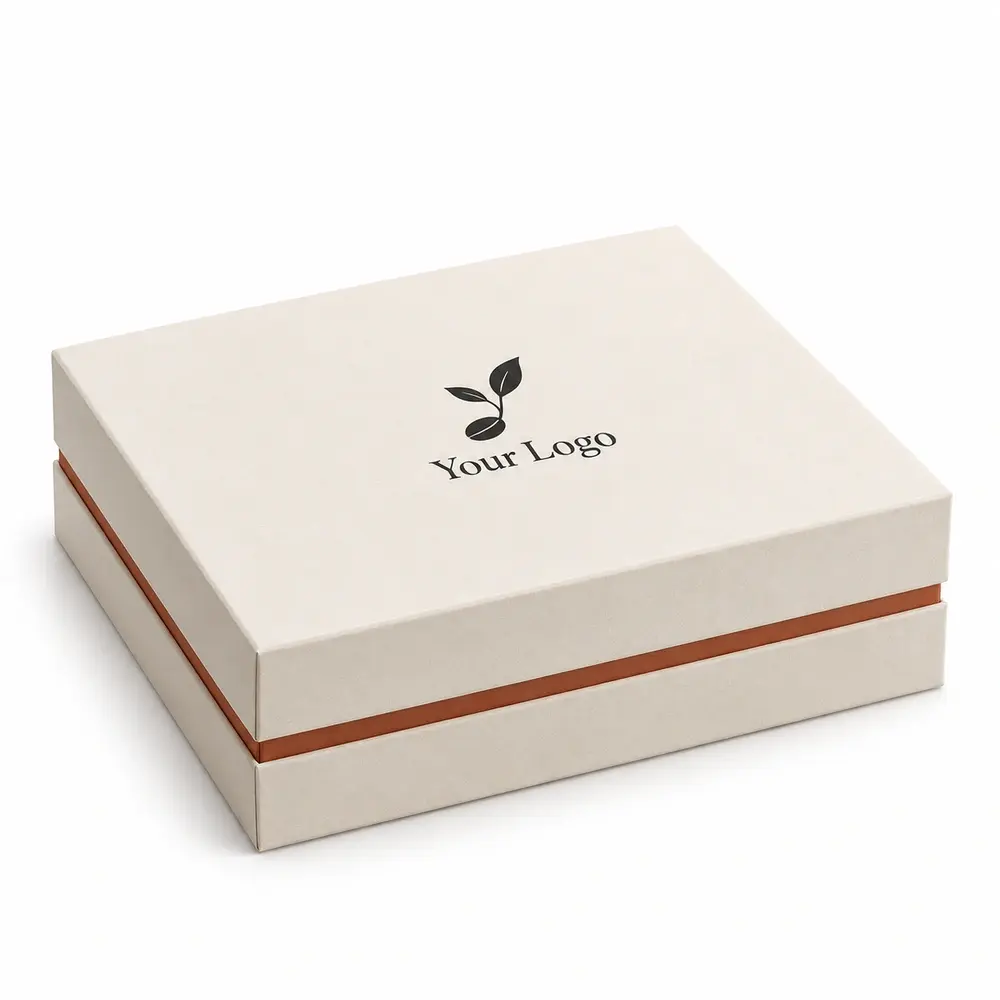 ivory with terracotta accents shoulder presentation boxes with Your Logo logo printing on a white background