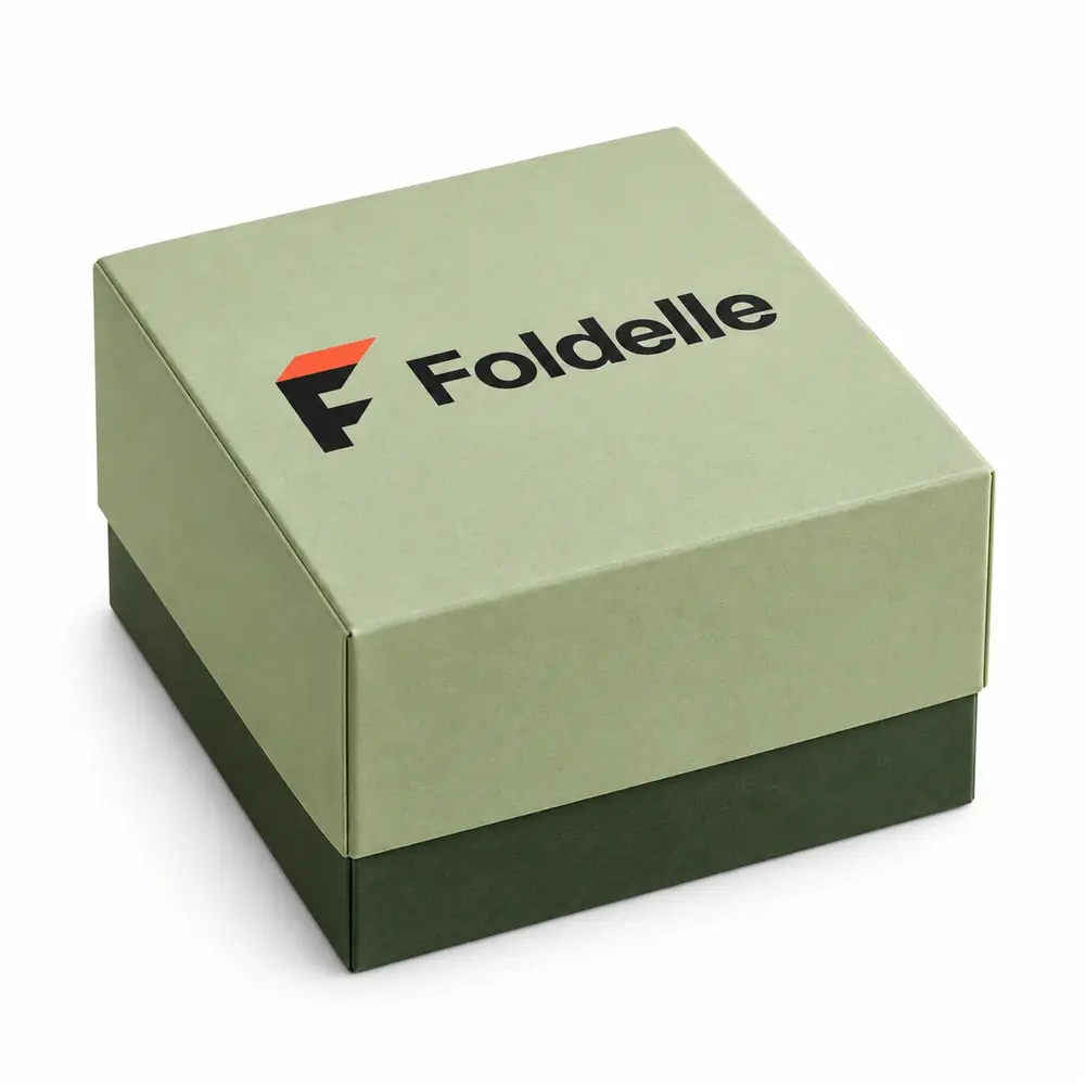 pistachio with forest green accents folding lid & base cartons with Foldelle logo printing on a white background
