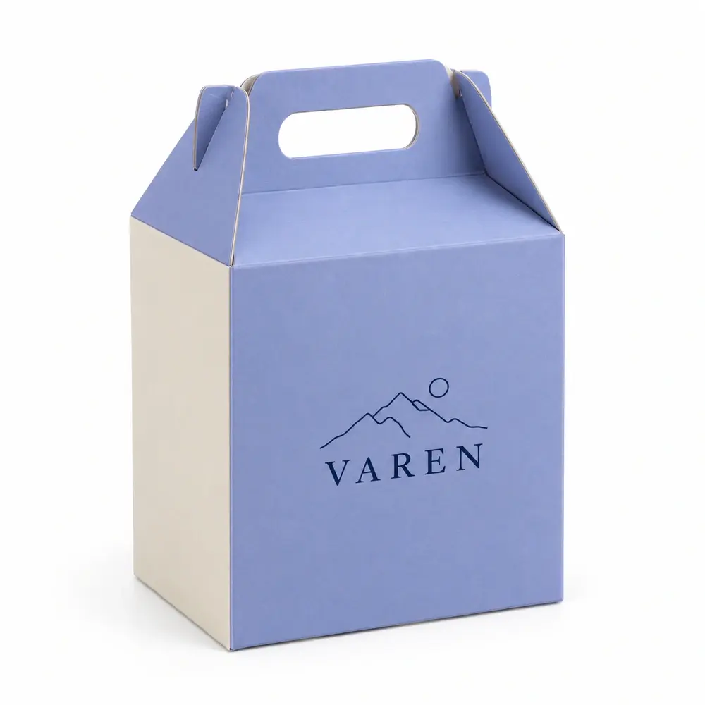 periwinkle with ivory accents gable gift cartons with VAREN logo printing on a white background