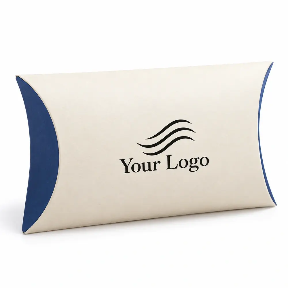 cream with royal blue accents pillow packs with Your Logo logo printing on a white background