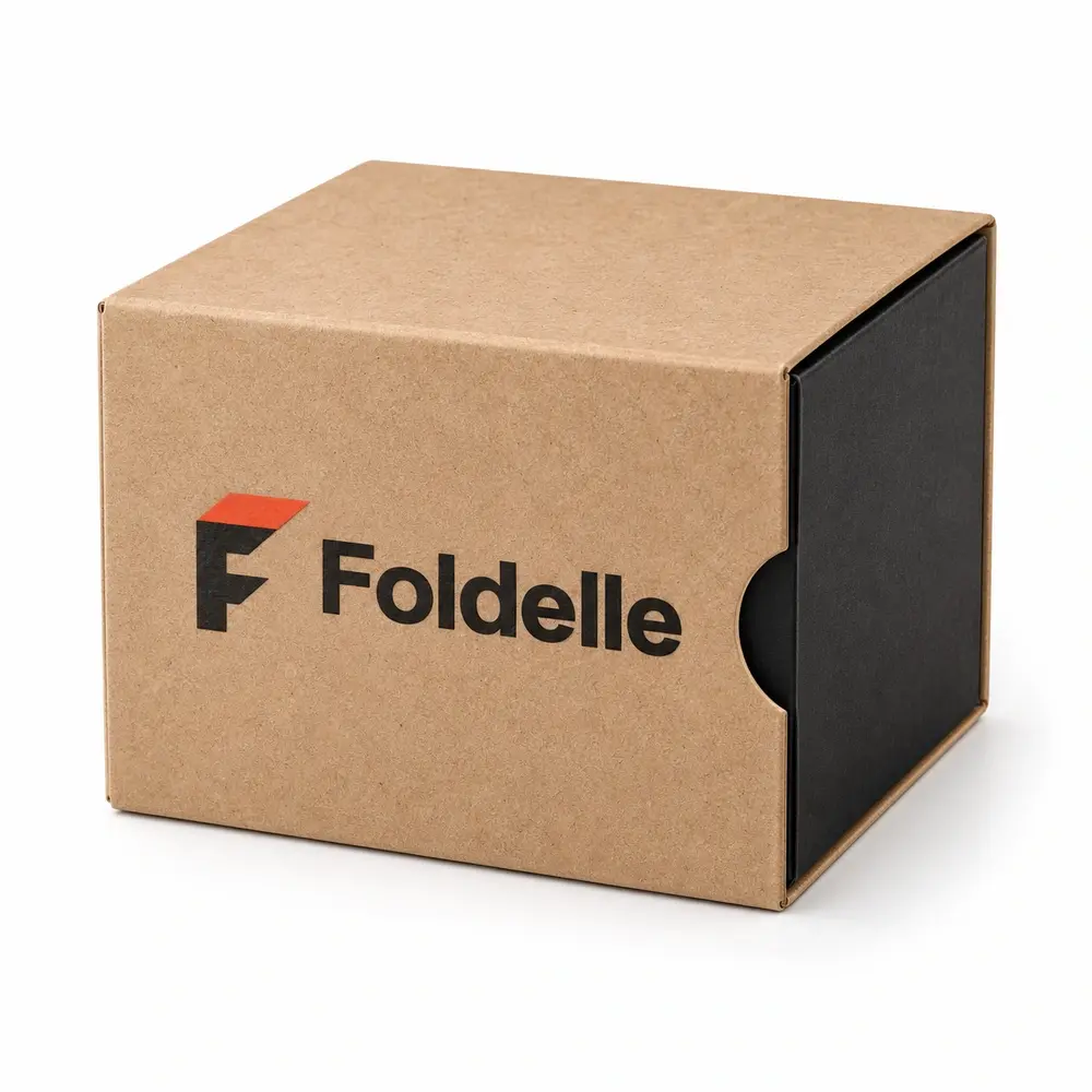 warm kraft brown with black accents sleeve & tray cartons with Foldelle logo printing on a white background