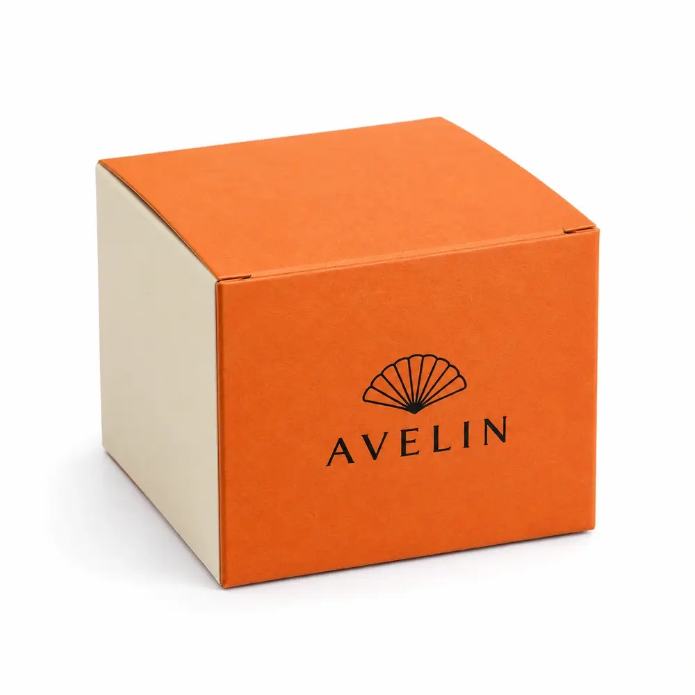 tangerine with cream accents straight tuck cartons with AVELIN logo printing on a white background