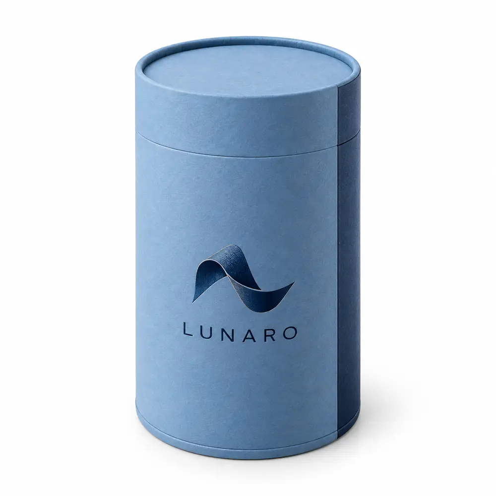 sky blue with navy accents paper end-cap tubes with LUNARO logo printing on a white background