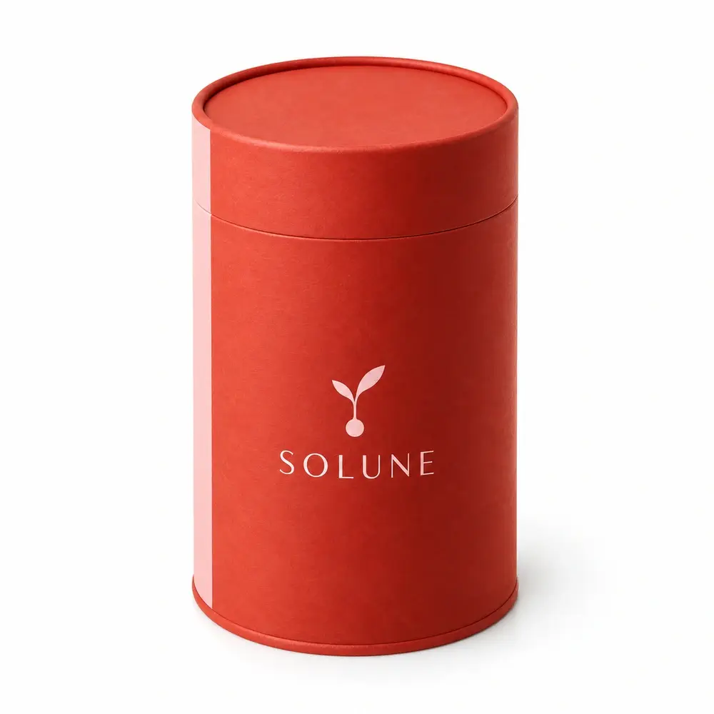 vermillion with pale pink accents rolled-edge gift tubes with SOLUNE logo printing on a white background