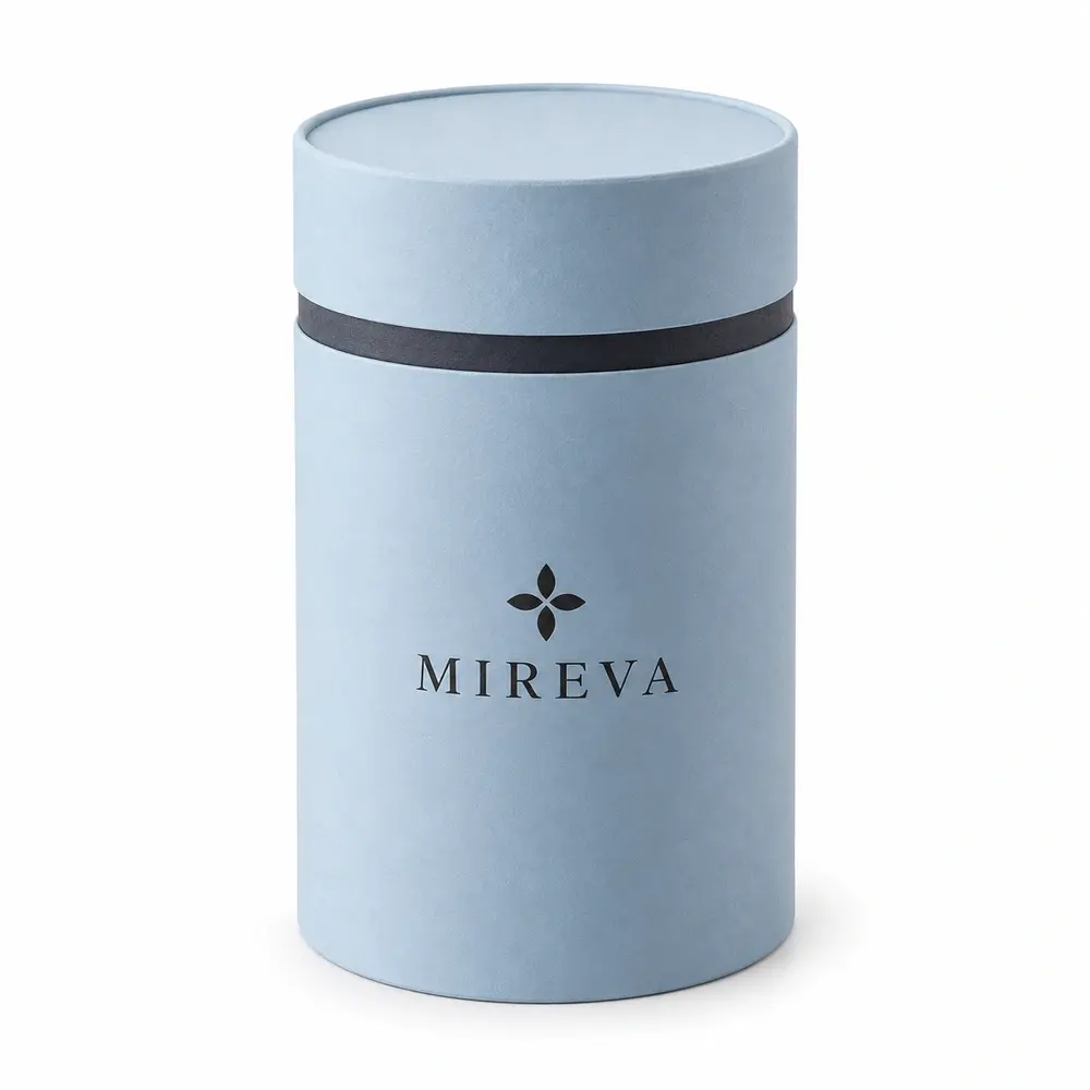 glacier blue with charcoal accents shoulder paper tubes with MIREVA logo printing on a white background