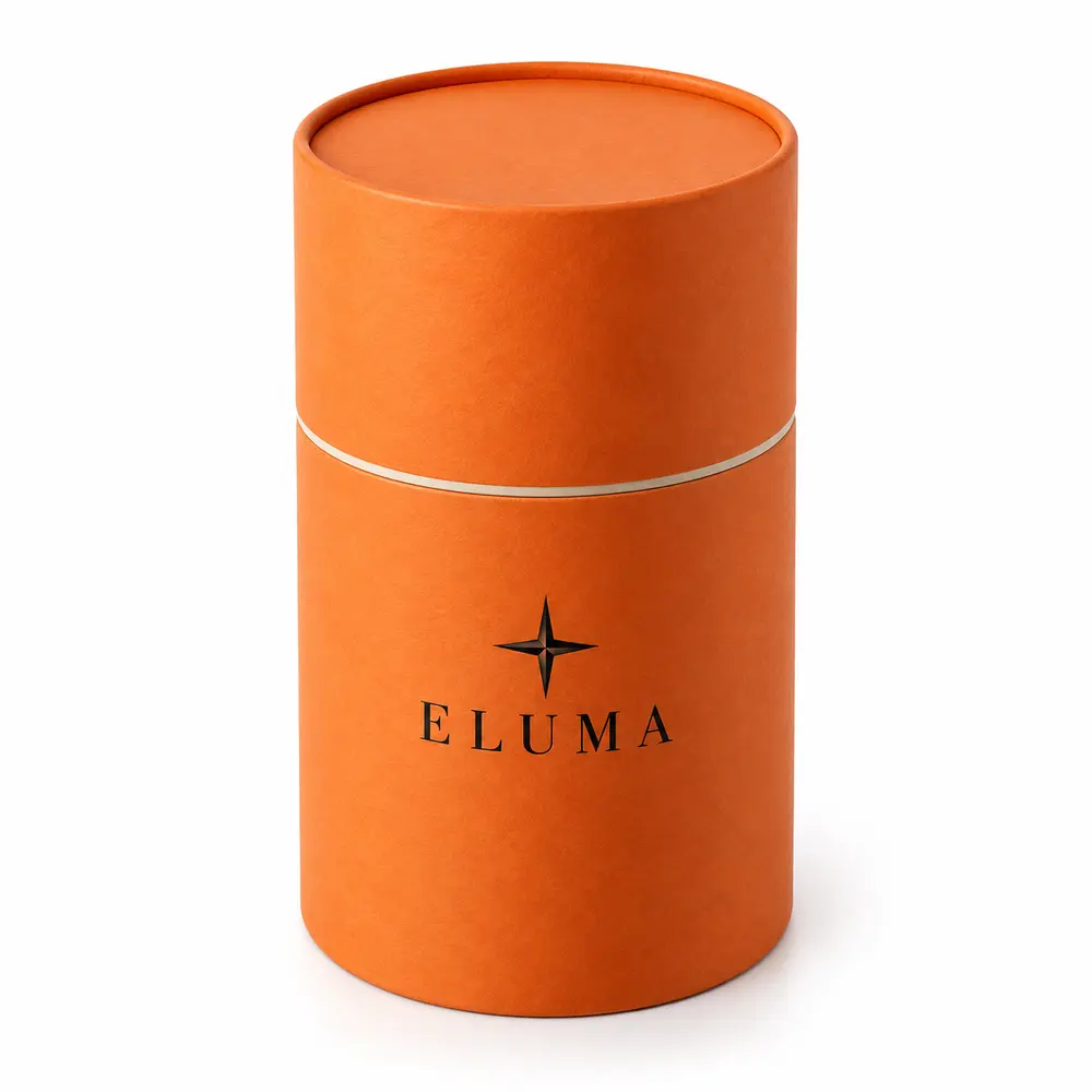 tangerine with cream accents telescopic paper tubes with ELUMA logo printing on a white background