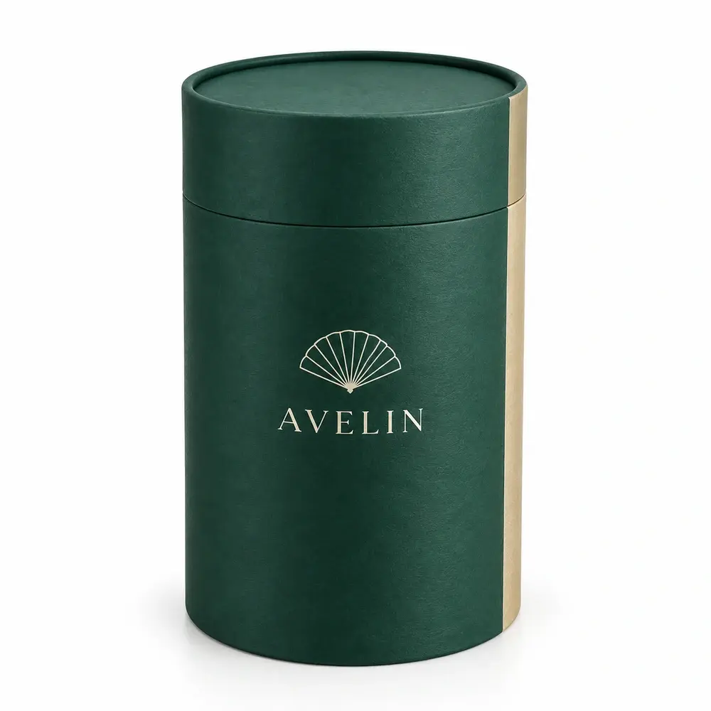 emerald with champagne accents two-piece paper tubes with AVELIN logo printing on a white background