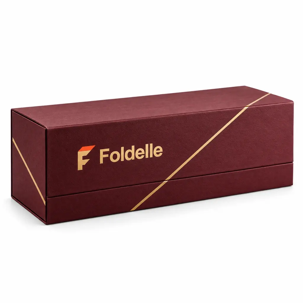 claret and pale gold long single-bottle magnetic presentation box with Foldelle logo printing on a white background