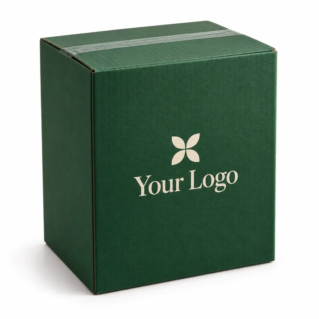 forest green partitioned shipper with Your Logo logo printing on a white background