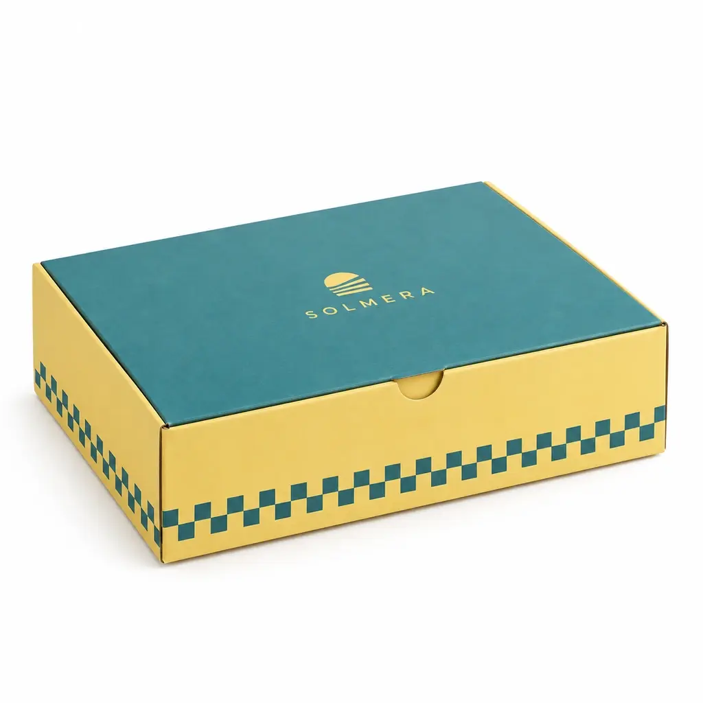 butter yellow and teal low six-corner glued hinged carton with SOLMERA logo printing on a white background