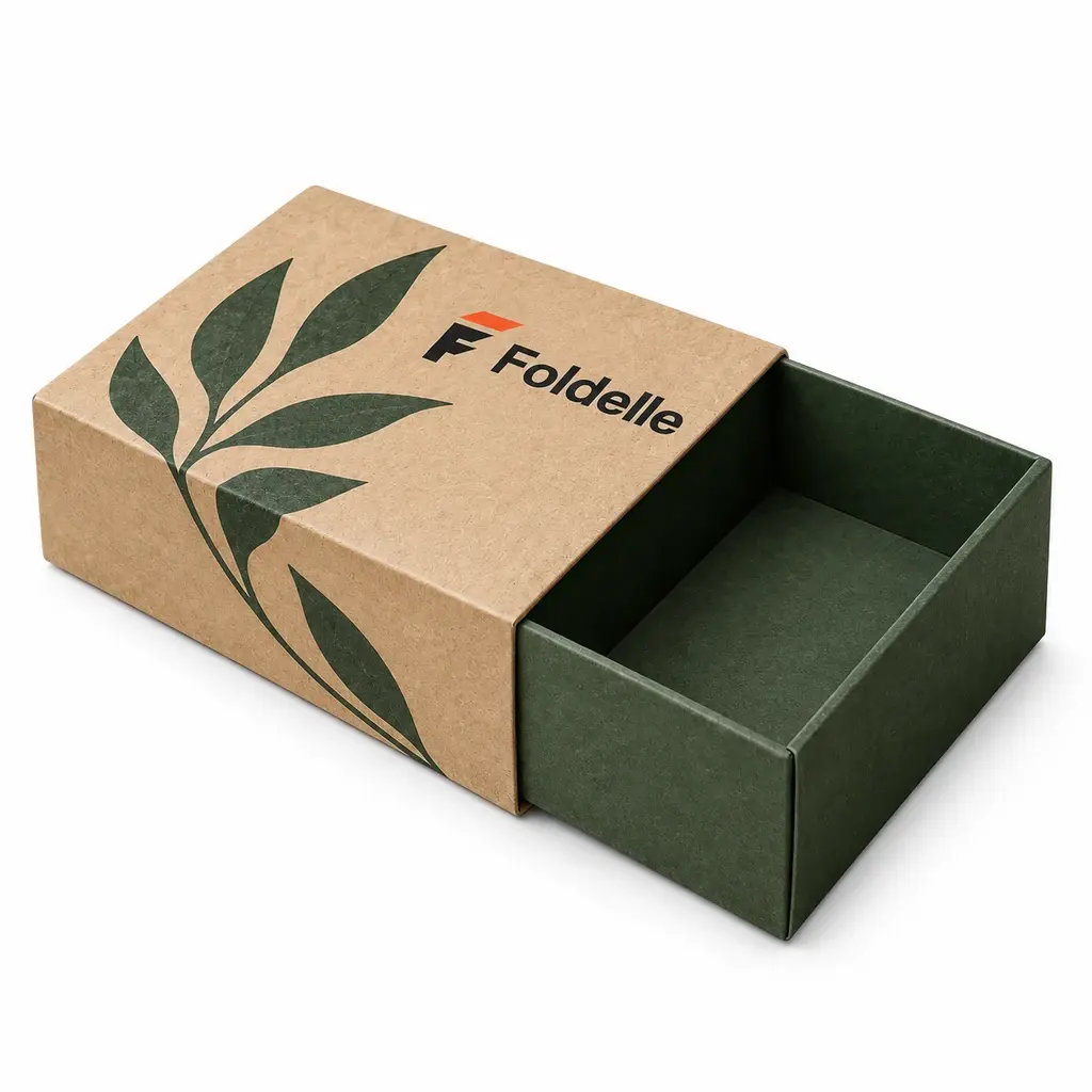 sand and forest green flat paperboard sleeve and inner tray with Foldelle logo printing on a white background