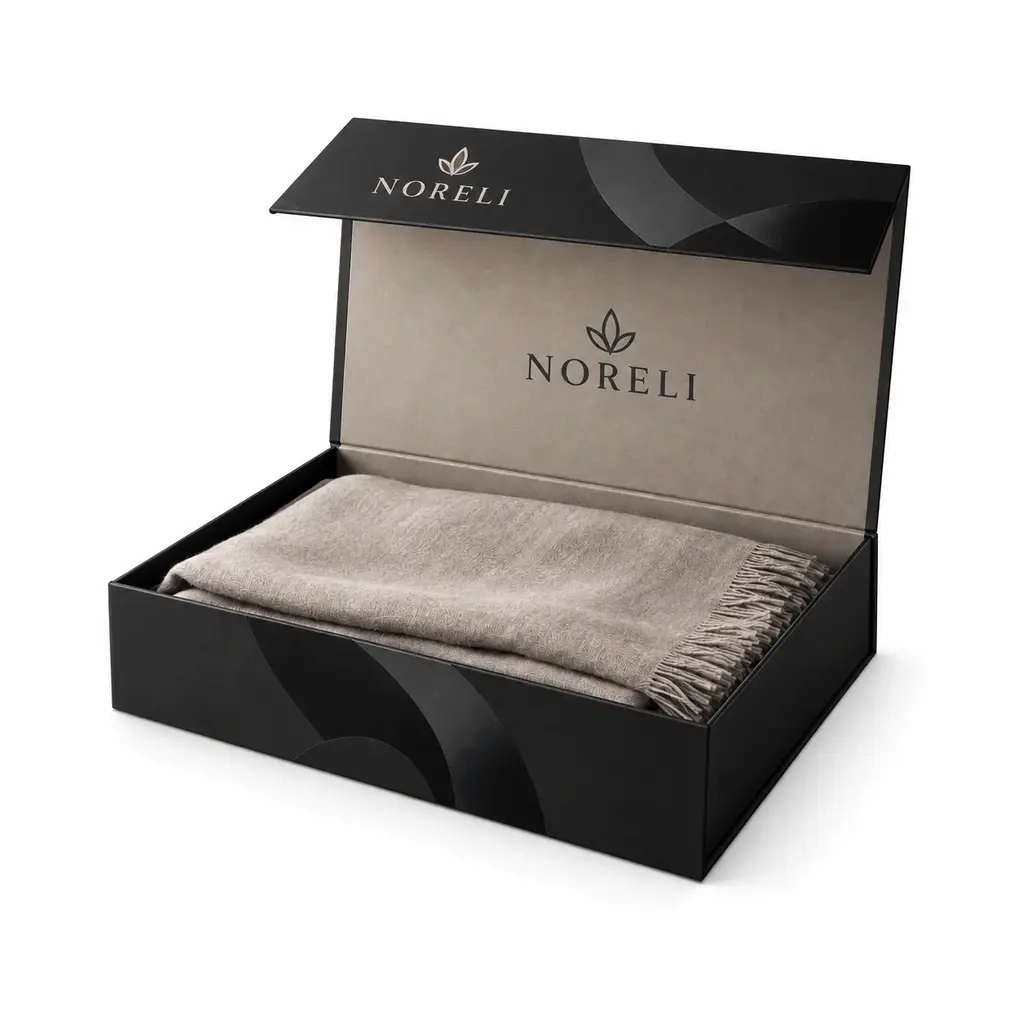 black and warm grey wide shallow fold-flat magnetic box with NORELI logo printing on a white background