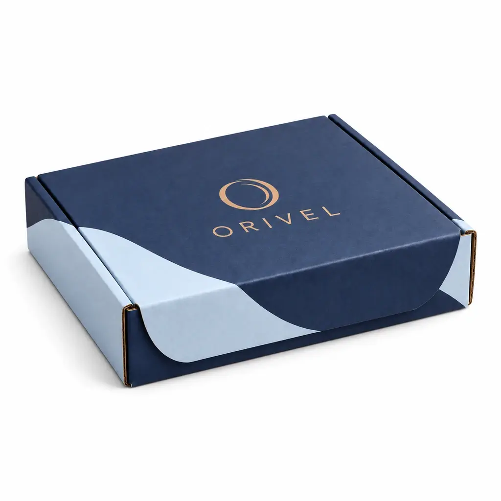 navy and pale blue low-profile wraparound book mailer with ORIVEL logo printing on a white background