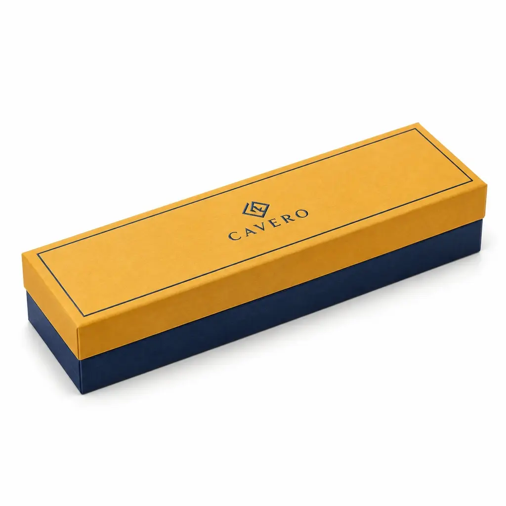 saffron yellow and navy long narrow lift-off lid rigid box with CAVERO logo printing on a white background